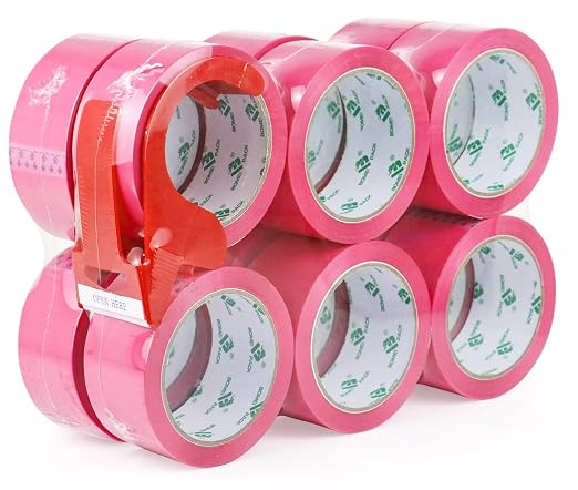 BOMEI PACK Pink Packing Tape with Dispenser, 2.4 Mil 1.88 Inch x 60 Yards, 12 Refills Rolls Pink Color Box Packaging Tape for Moving, Shipping, Mailing and Storage