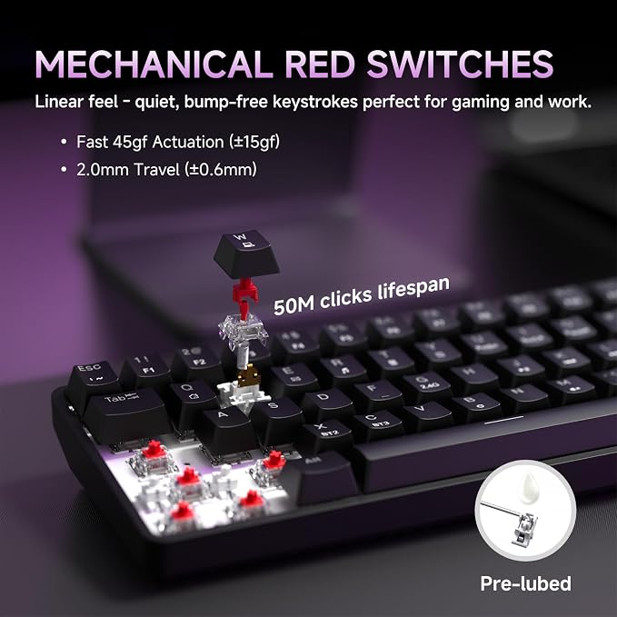 DIERYA DK68 60% Wireless Mechanical Gaming Keyboard, 3-Mode, Bluetooth 5.0/2.4G/USB-C, RGB Backlit, 68-Key Compact Mini for Windows, Mac, Linux - Linear Red Switch - Black