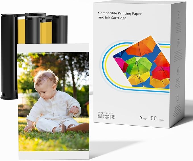 Compatible with Liene Amber M100/M200/M110/M210 4" x 6" Photo Printer 80 Sheets Photo Paper & 2 Ink Cartridges Refill, for DHP512/DHP513/DHP514/DHP515, Dye Sublimation, for Display, Framing