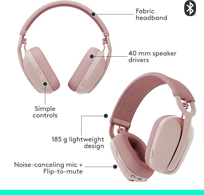 Logitech Zone Vibe 100 Lightweight Wireless Over Ear Headphones with Noise Canceling Microphone, Advanced Multipoint Bluetooth Headset, Works with Teams, Google Meet, Zoom, Mac/PC - Rose