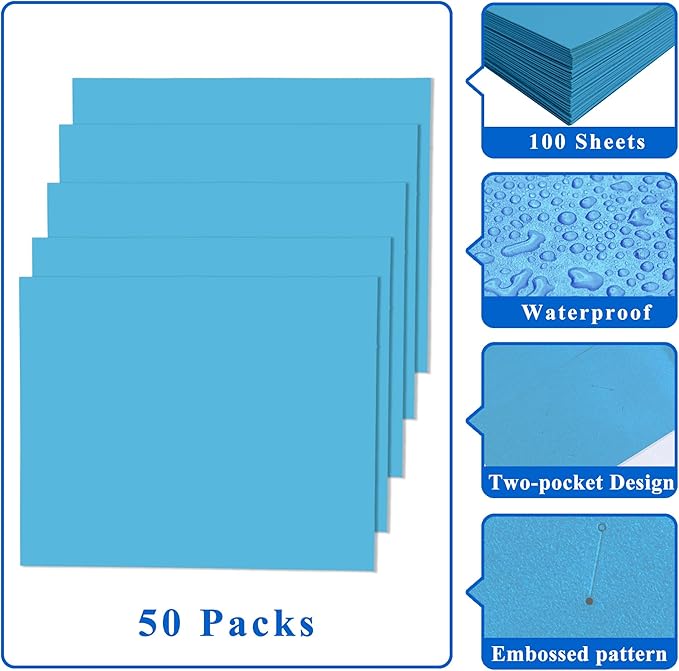 Zzrywuty File Folders with Pockets Letter Size,50-Pack Paper Folders with Card Slot,Light Blue Two Pocket Folders for School Students,Businessmen,Home and Office Workers