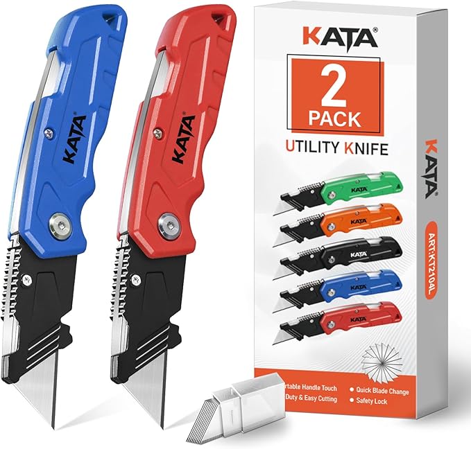 KATA Box Cutter, 2-Pack Tough Folding Utility Knife for Heavy Duty Purpose, Extra 10Pcs Razor Sharp Blades, Comfortable Handle, Gifts for Cutting Drywall, Sheet Plastic, Linoleum, Boxes, Carton, Rope