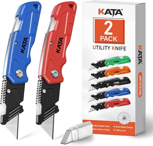 KATA Box Cutter, 2-Pack Tough Folding Utility Knife for Heavy Duty Purpose, Extra 10Pcs Razor Sharp Blades, Comfortable Handle, Gifts for Cutting Drywall, Sheet Plastic, Linoleum, Boxes, Carton, Rope