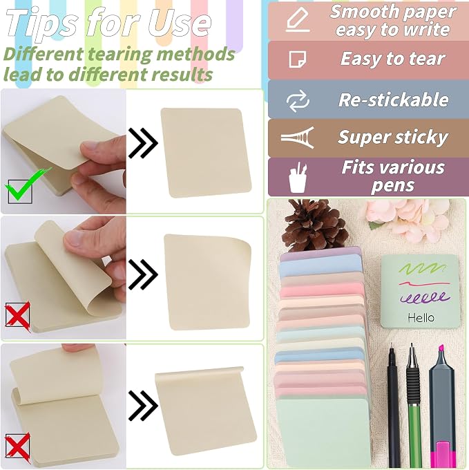 60 Pack Vintage Sticky Notes 3x3 Inch 12 Retro Colors Memo Pads Bulk | 56 Sheets Each, Round Corner Design, Self Adhesive Notes, Office Supplies, Back to School, Teacher, Student, Organization