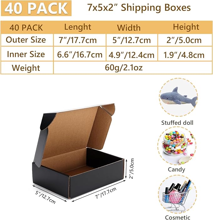 EXYGLO 40 Pack 7x5x2 Shipping Boxes, Black Corrugated Cardboard Boxes for Packaging Small Business, Moving, Shipping, Mailing, and Storing