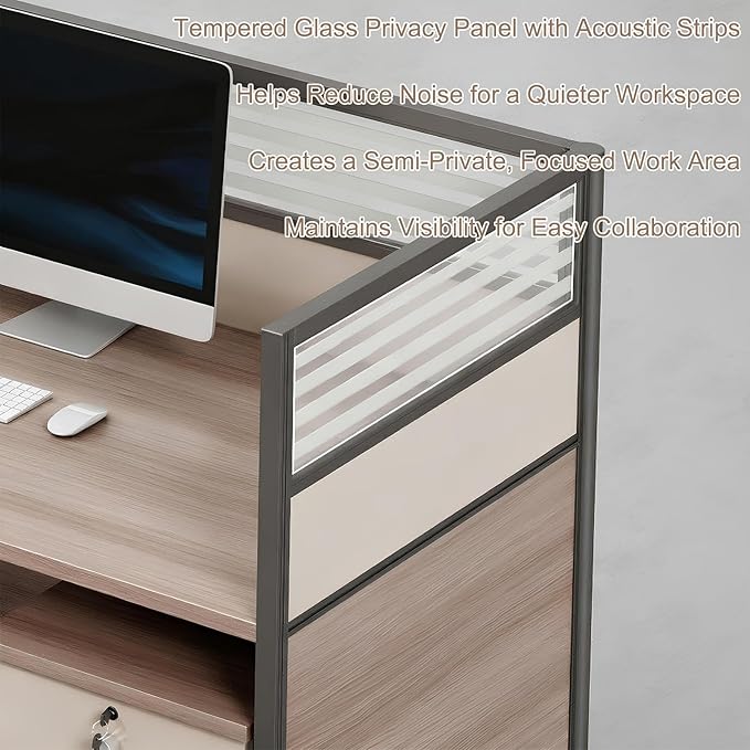 Modern Office Workstation Desk with Side Storage Cabinet, Tempered Glass Privacy Panels, USB Charging Hub & Cable Management, Modular Cubicle Desk for Office Work (D - Left, 4P)