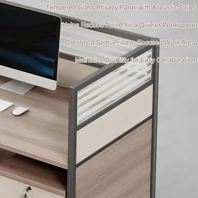Modern Office Workstation Desk with Side Storage Cabinet, Tempered Glass Privacy Panels, USB Charging Hub & Cable Management, Modular Cubicle Desk for Office Work (A - Right, 2P-A)