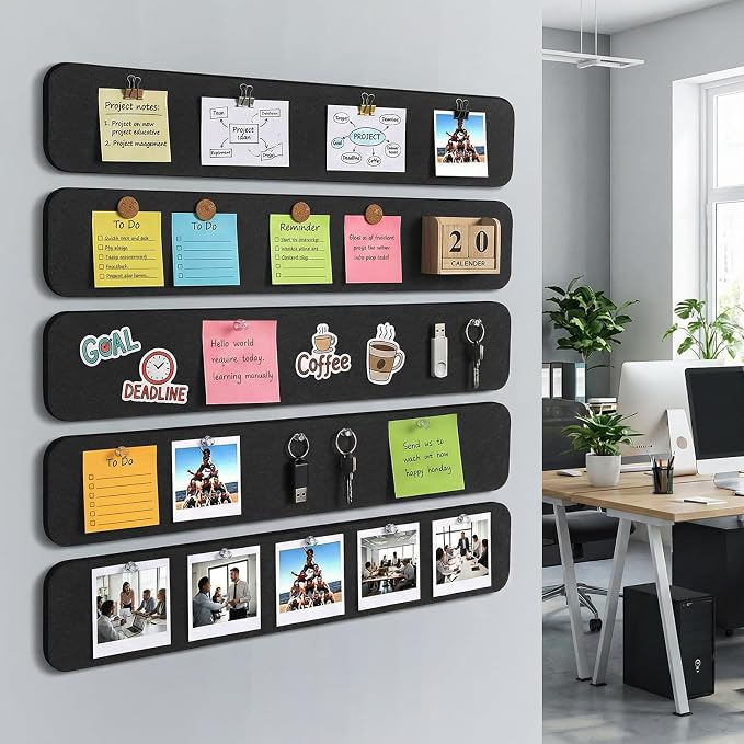 5 Pack Felt Bulletin Board Strips, 13x2 Inch Pin Board, Cork Boards | Self Adhesive, Includes 30 Pushpins, High-Density, Lightweight, for Wall Organiser, Home School Office Decor (Black)