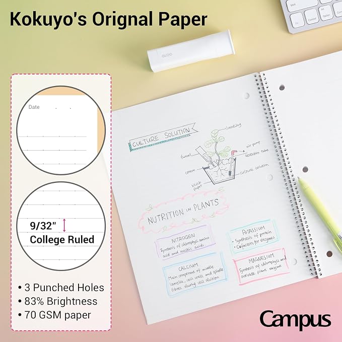 KOKUYO Spiral Notebooks, 3 Pack 10-1/2" x 8" Lined Notebook College Ruled | Campus Subject Notebooks, 80 Sheets, 3 Holes School Japanese Ring Journal for Work Study Note Taking, Yellow Orange Purple