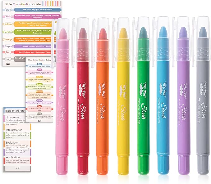 Mr. Pen- Gel Highlighters, 8 Pack Assorted Colors, Bible Highlighters No Bleed with Bible Color Coding and Interpretation Guide