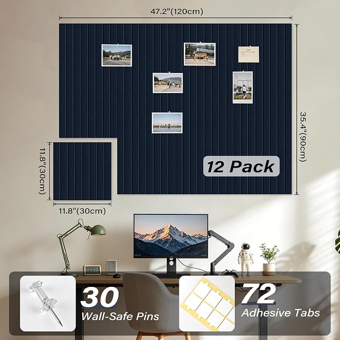 Felt Bulletin Board,47.2"x35.4" 12 Pack Cork Board Alternative Navy Blue | Large Felt Wall Tiles for Office & Home Decor,Pin Board for Walls with 30 Pcs Pushpins and 72 Adhesive Tabs