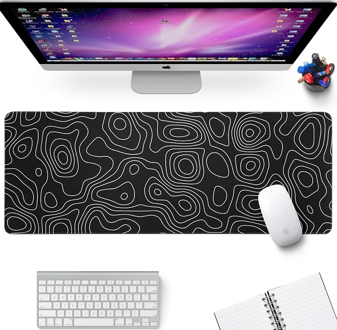 Black Topography Contour Gaming Mouse Pad Large Anime Topographic Map Mousepad Extended Mouse Pad Gaming Big Desk Pad Keyboard Pad with Stitched Edge Non-Slip Rubber Base