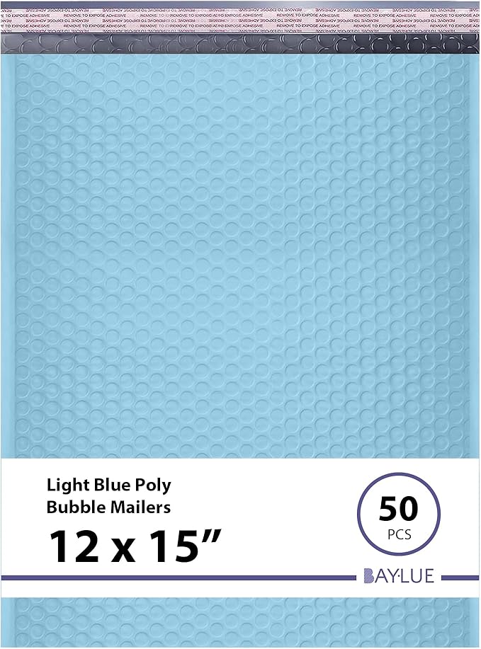 Light Blue Large Poly Bubble Mailers 12x15 inch | Self Seal Padded Envelopes Cushioned Bubble Mailer | Usable Size 12x15 | WaterProof | Lightweight mailing Shipping Bags | 50 Pack Bulk