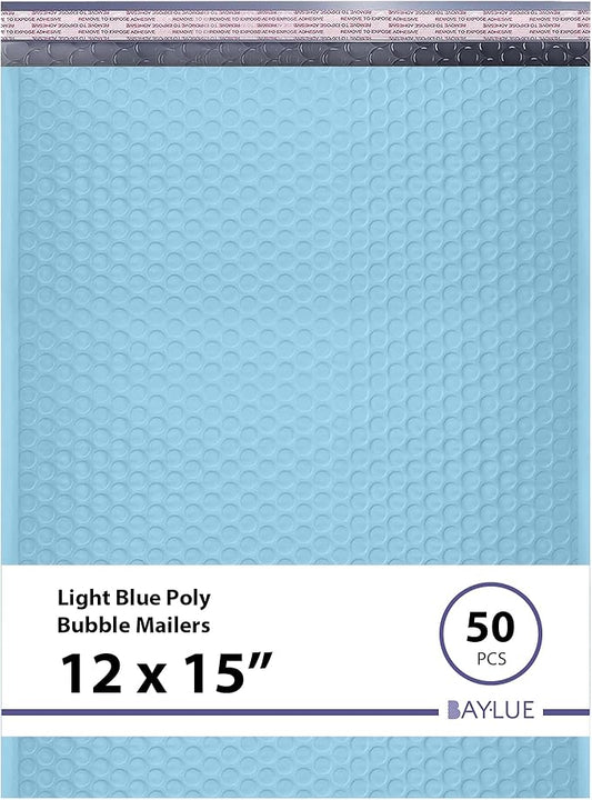Light Blue Large Poly Bubble Mailers 12x15 inch | Self Seal Padded Envelopes Cushioned Bubble Mailer | Usable Size 12x15 | WaterProof | Lightweight mailing Shipping Bags | 50 Pack Bulk