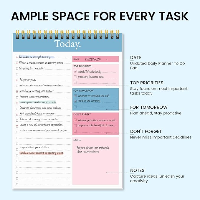 KMQOY To Do List Notepad - Daily Planner Pad Undated 52 Sheets Spiral Today Planner Note Pad Premium Thick Paper 6.5" x 9.8" For Work and Personal Organized - Pink & Blue