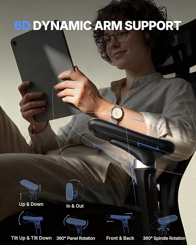 HUANUO Ergonomic Office Chair with 6D Armrest and Lumbar Support | Seat depth adjustment, quiet rubber caster, 3D headrest, high back mesh, big and tall design, 4-position recline