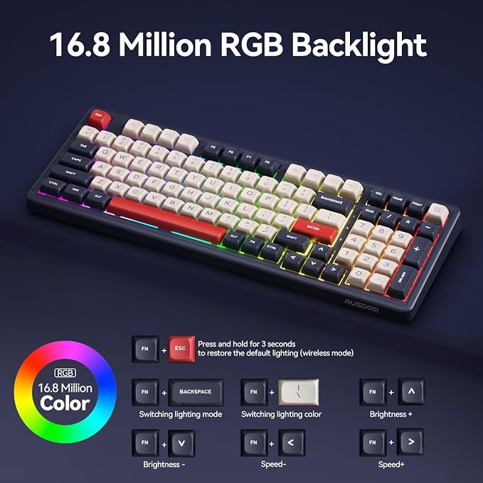 AUSDOM H98 Wireless Bluetooth Mechanical Keyboard, BT5.3/Type-C/2.4G Tri-Mode Hot Swappable Custom Gaming Keyboards, Gasket, RGB, Numpad, Computer Keyboard for Mac/Win/Office, 98 Keys(Click Sound)