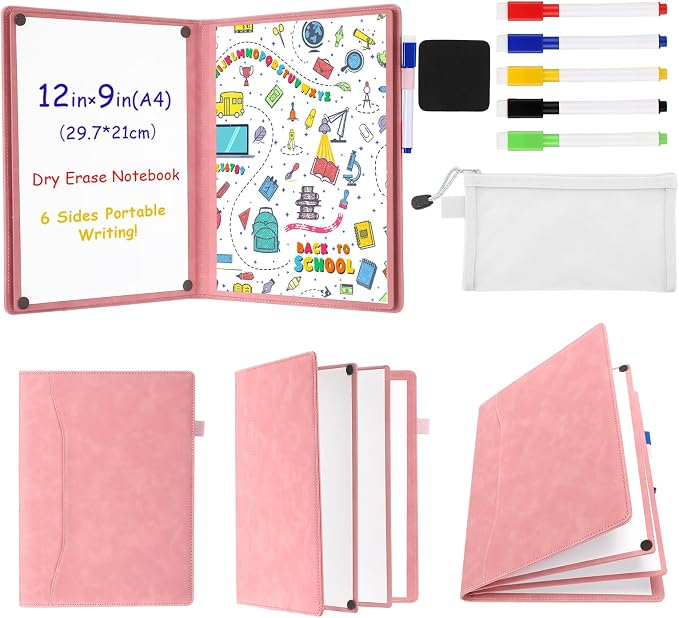 Feifeiya 6 Sides Dry Erase Notebook, Pink, A4 9" X 12" | Portable Reusable Whiteboard Notepad 6 Side Foldable Dry Erase White Board for Planner Office Study Business Meeting Supplies