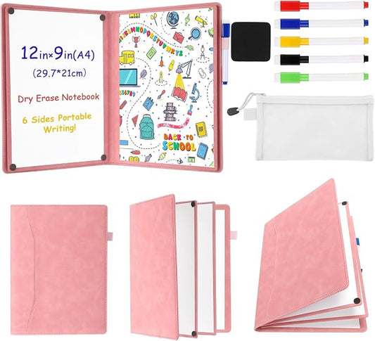 Feifeiya 6 Sides Dry Erase Notebook, Pink, A4 9" X 12" | Portable Reusable Whiteboard Notepad 6 Side Foldable Dry Erase White Board for Planner Office Study Business Meeting Supplies