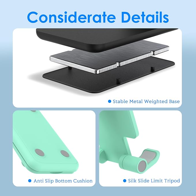 2 Pack Cell Phone Stand for Desk, Adjustable Angle & Height, Foldable Portable Phone Holder with Anti-Slip Silicone Pad, Compatible with iPhone 17/16/15/14/Smartphones 4–8 Inch, Black&Green