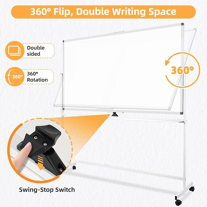 Rolling White Board on Wheels, 72" x 40" Dry Erase Whiteboard with Stand | Double-Sided Reversible, 6 x 3.33 ft, Standing Magnetic Whiteboard, Giant Mobile Board, Portable for Office School