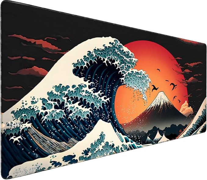Professional Extended Gaming Mouse Pad - 31.5" x 15.7" Large Desk Mat with Stitched Edges, Waterproof Coating Non-Slip Rubber Base for Gamers Esports Pros Office Home, Moon Wave