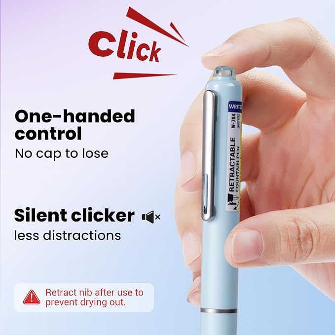 WRITECH Fountain Pen Black Ink: Clictek Retractable Fine Nib 5 Cartridges | Refillable Design No leaking Smooth Writing for Calligraphy Sketching Journaling Note-taking Teachers Nures Beginners