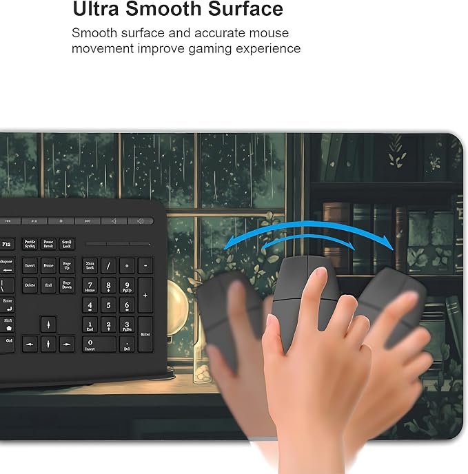 Anime Black Cat Gaming Mouse Pad, Forest Green Mystical Desk Mat with Anti-Slip Base & Stitched Edges, Office & Home Desk Decor for Women, 35.4" x 15.7" in Computer Desktop Mat