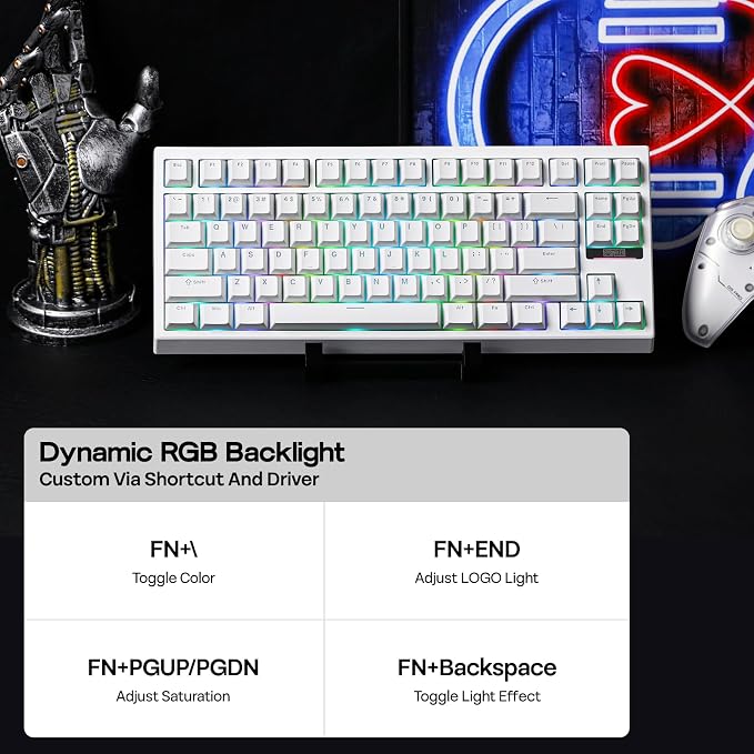 EPOMAKER G84 80% RGB Gaming Mechanical Keyboard with Shine Through Keycaps | 2.4GHz/ Type-C/BT Wireless Keyboard, VIA Programmable, Hot-Swap, Creamy Keyboard for Gamers/Office(White, Creamy Jade Switch)