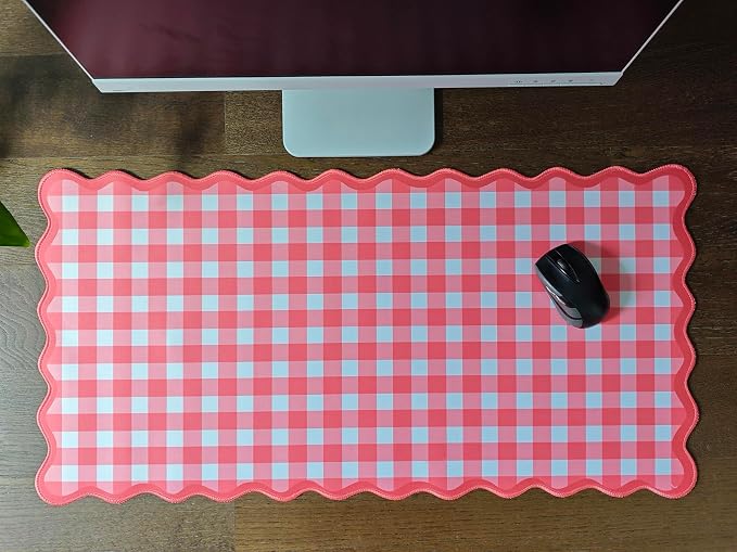 Scalloped‌ Checkered Gingham Desk Mat Cute Red XXL Large Mouse Pad Kawaii Cottagecore ‌Vintage‌ Rustic Girly Keyboard Computer Mat Pad Aesthetic Cozy Office Desk Decor for Women
