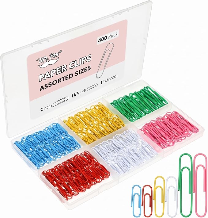 Mr. Pen- Paper Clips, 400 pcs, Assorted Sizes (1", 1.3", 2") | Cute Colorful Paper Clips with Storage Box, Large and Small for Bookmark, Office, School, DIY, Business Card Holders