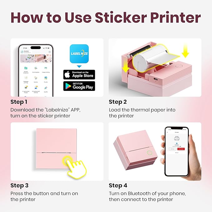 Sticker Printer, PM290C Portable Mini Printer, Inkless Bluetooth Sticker Maker with 3 Rolls Paper, Impresora Portátil for Notes, DIY, Gift, Smart AI APP, Print Pod for Office/Home, Pink