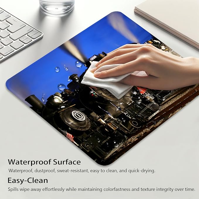 Historic Old Trains Mouse Pad, Vintage Steam Locomotives at Dusk Desk Mat | A Nighttime View of Retro Train, Cute Mousepad Stitched, Anti-Slip Base Smooth Surface, 9.5 x 7.9 Inches