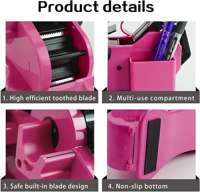 Cute Pink Heat Tape Dispenser with Pen Slot and 1"& 3" Dual-roll cores,semi-Automatic Desk 3/4" Sublimation Tape Dispenser & Cut, Designed for Office,School and Warehouse.