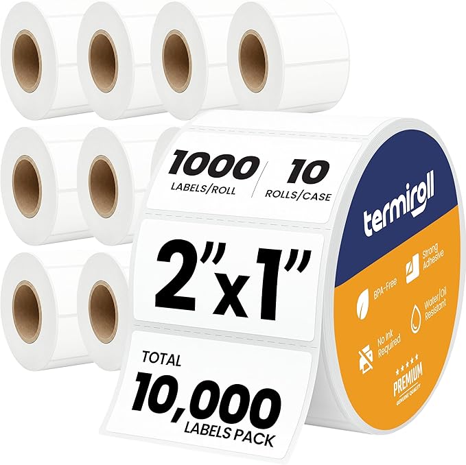 2x1 Thermal Labels – 10,000 Barcode & Address Labels/10 Rolls for Shipping, SKU & Inventory Stickers, Compatible with Rollo, Zebra, Munbyn, iDPRT & Direct Thermal Printers