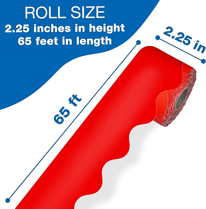 Carson Dellosa Education 65Ft of Red Bulletin Board Borders, 1 Roll of Scalloped Trim for Rolling Whiteboard, Cork and Posterboard, Valentines Day, Christmas Decorations, Party, and Classroom Decor