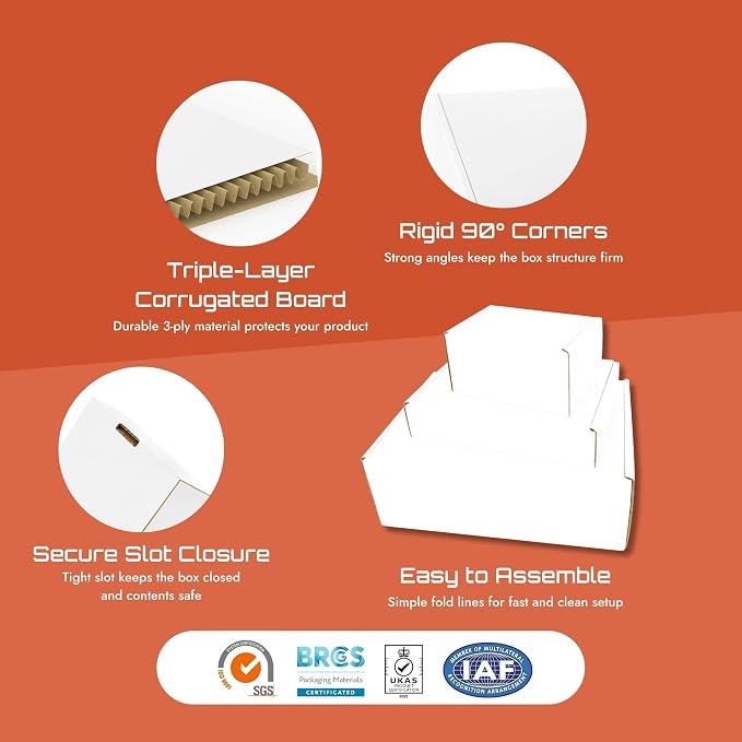Corrugated Shipping Box Mailers, Kraft Brown, Triple-Layer Board Secure Slot Closure (White, 6"x4"x3" / Set of 20)