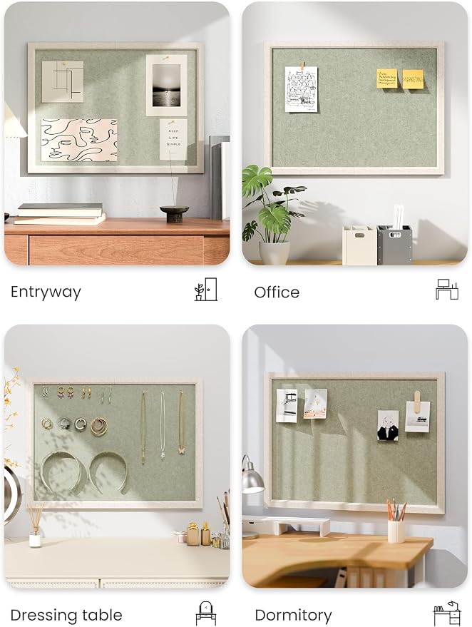 Fluxynara 23.6" x 17.1" Felt Frame Bulletin Board, Sage | Cork Board Alternative with 12 Removable Adhesive Tabs, Foldable Pin Board for Wall, Home, Office, Classroom & Dorm
