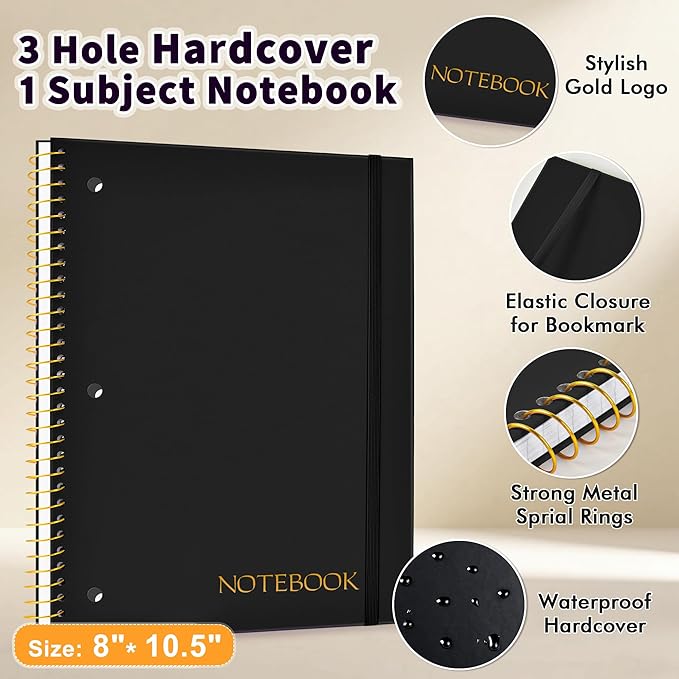 Spiral Notebook College Ruled Paper 8" x 10-1/2", 1 Subject Spiral Notebook, 3-Hole Punched Perforated Pages Ideal for School, Office, Writing, 95 Sheets Lined Journaling Notebook, Black
