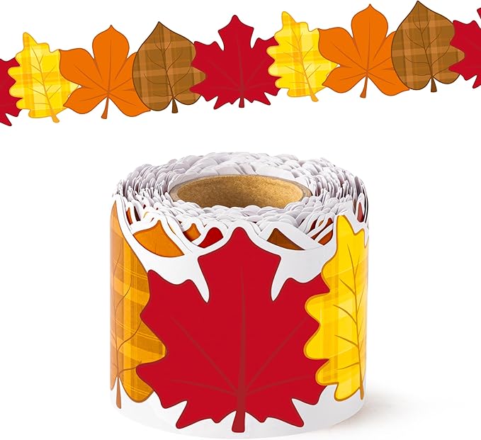 BeYumi Fall Leaves Border Trim - 65ft Fall Plaid Maple Leaves Shape Rolled Border Trim Autumn Thanksgiving Bulletin Board Set Harvest Party Decor School Classroom Office Chalkboard Door Decoration