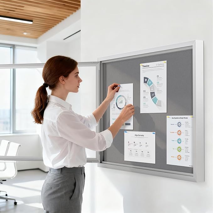 SWANCROWN 37x28 in Outdoor Enclosed Bulletin Board Grey Felt Notice Board | Locking, Weatherproof, Wall Display Case, Silver Aluminum Frame, Message center for Office School Business Community