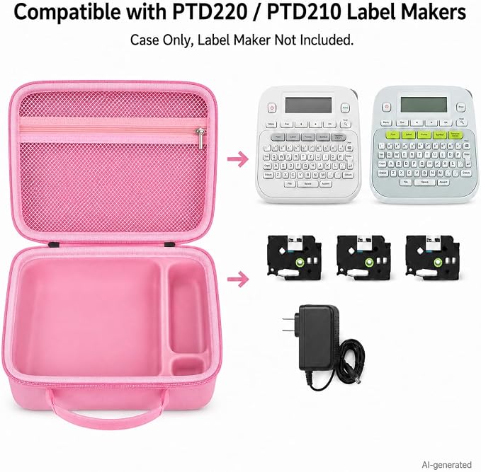 GWCASE Hard Label Maker Case for Brother P-Touch PT-D220/PT-D210, Case Only | Label printer case with shaped tray and zip mesh pocket for label tapes, batteries and AC adapter in home office storage