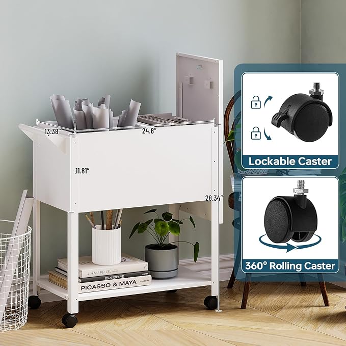 MIIIKO Mobile File Cart with Lock, Rolling File Cabinet Hanging Letter/Legal File Folders with Lockable Sliding Cover, White File Organizer on Wheels