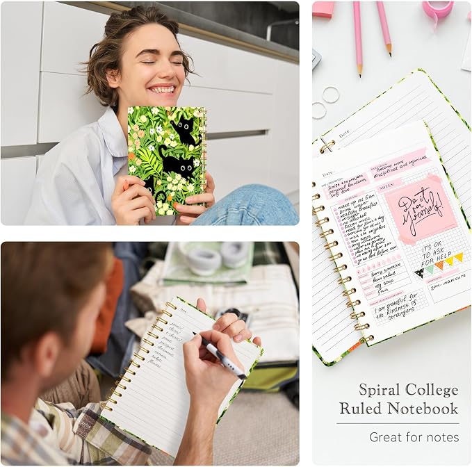 Lined Spiral Journal Notebook for Work A5, 160 Pages, Flower Cat | College Ruled Spiral Journal for Women, Hardcover with Elegant Design for Note-Taking, 5.5 * 8.25 inch