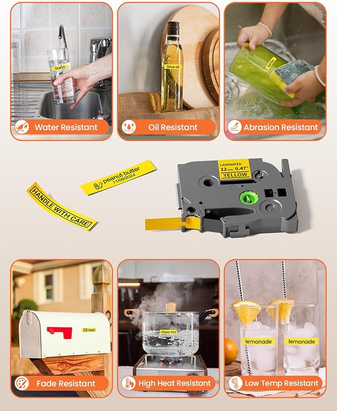 Yellow Label Maker Tape Replacement for Brother P Touch Label Tape TZe-631 TZe631 TZe TZ 12mm 0.47 Laminated Yellow for Brother PT-D210, PT-D220, PT-H110, PT-D400, PT-D410, PT-D600, 12mm x 8m, 4-Pack