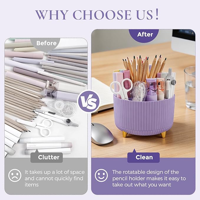 Pencil Pen Holder for Desk, 5 Slots 360-Degree Rotating Desktop Organizer, Cute Desk Organizers and Accessories for School, Home, Office and Art Supply, Purple