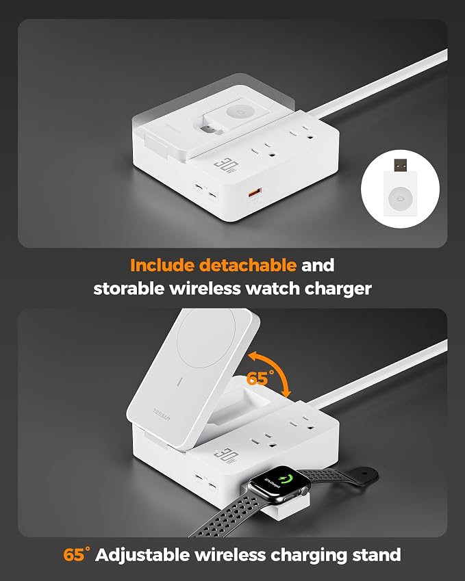 TESSAN 30W Charging Station USB Phone Charger with Wireless Charging | 2 USB C/1 USB A and 2 AC Outlet,for iPhone 17/16/15 Charging Stand, for Apple Watch Charging, Flat Plug, 5ft Cord, White