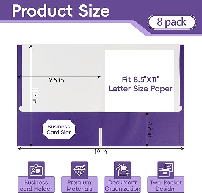 8 Packs Purple Two Pocket File Folders,File Folder Letter Size,8.5x11Inches File Folders for Office,School and Home,Organizer File Folder