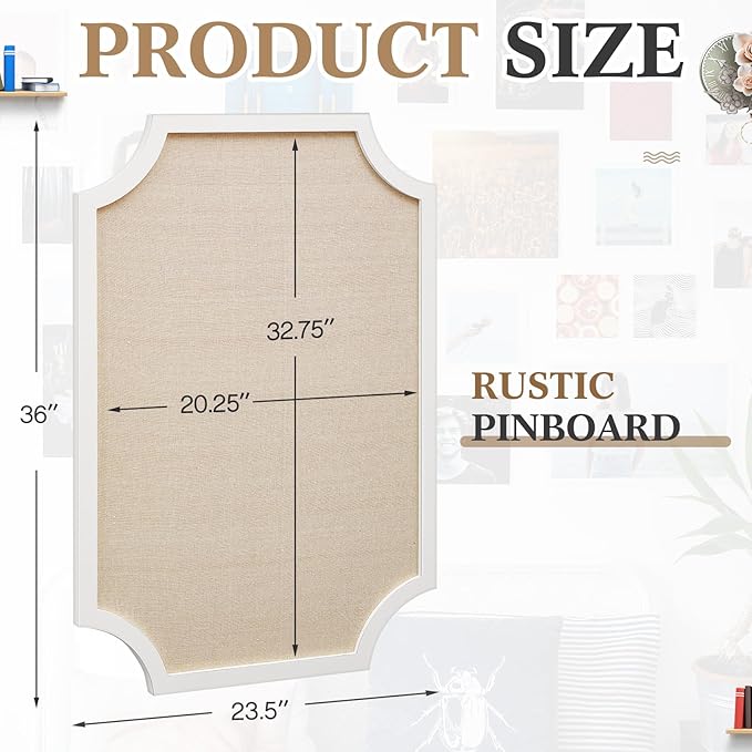 Vintage Framed Pin Board Linen Display Bulletin Board Large Ornate Fabric Picture Photo Pinboard Memo Decorative Prayer Pinboard Ornate for Wall Gift(Scalloped,24'' X 36",Farmhouse White)