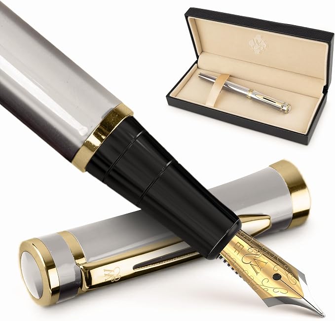 Wordsworth & Black Fountain Pen Set for Writing,Extra Fine Nib, Silver | Gift for Men & Women, Brass Body, 18K German Iridium, Calligraphy, Converter + 24 Ink Cartridges, Refillable, Leak-Free
